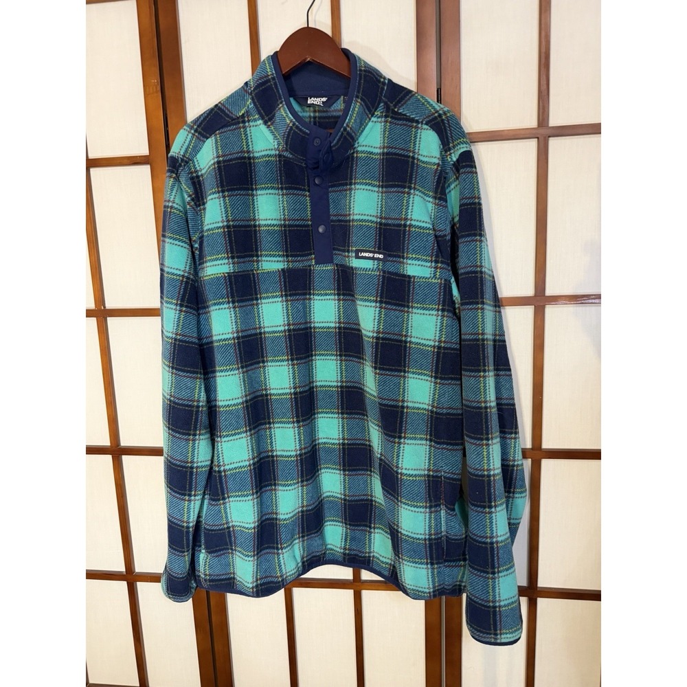 Lands End Mens Size XLT Heritage Fleece T-Snap Neck Pullover Green Blue Plaid